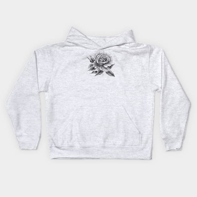 Rose Flower Tattoo Style Black and White Illustration Kids Hoodie by Biophilia